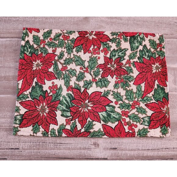 Festive Holiday Poinsettia Pattern Woven Tapestry Placemats Set Of 4 17" by 12" - Picture 5 of 7
